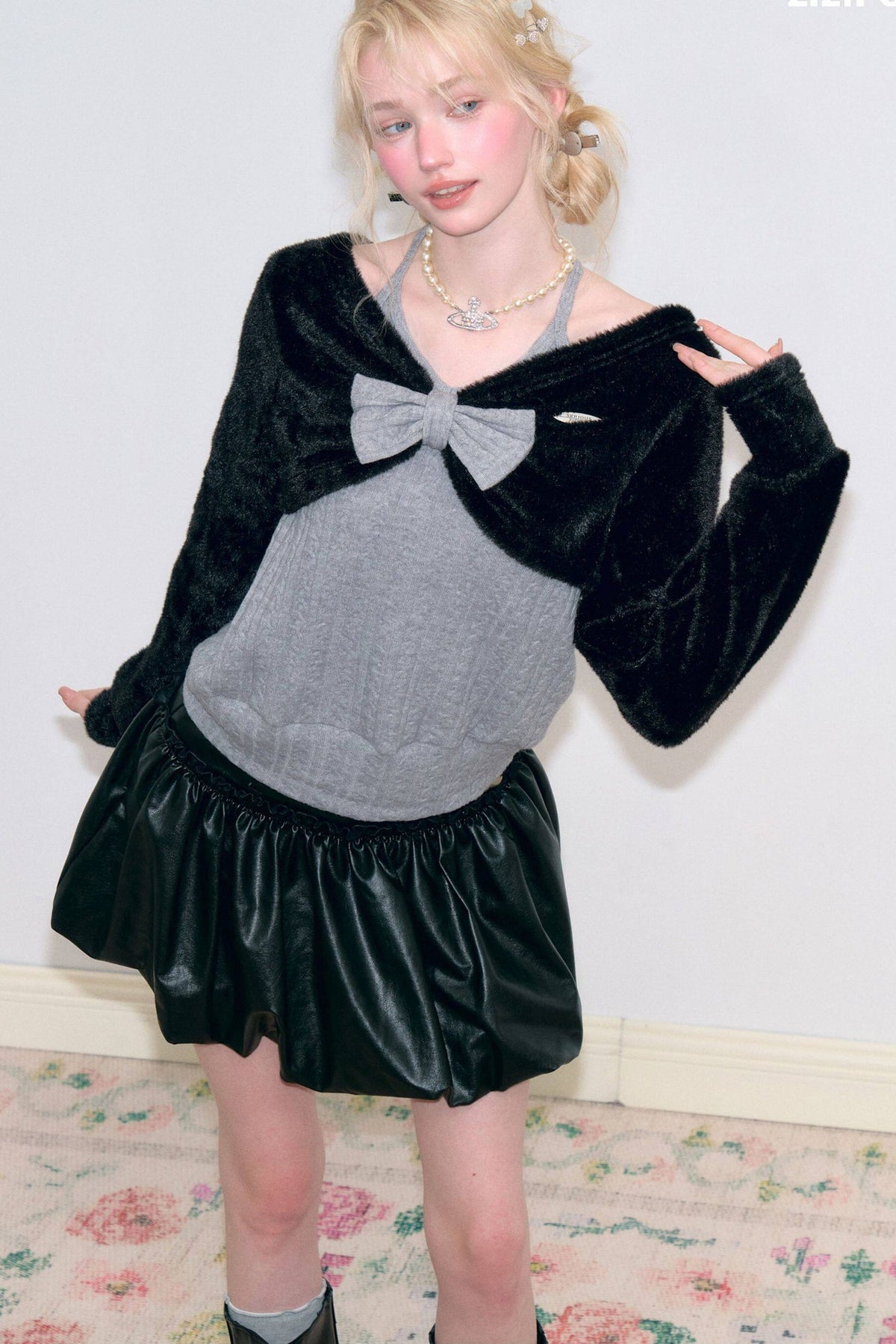 Gray Halter Bow Knit Sweater