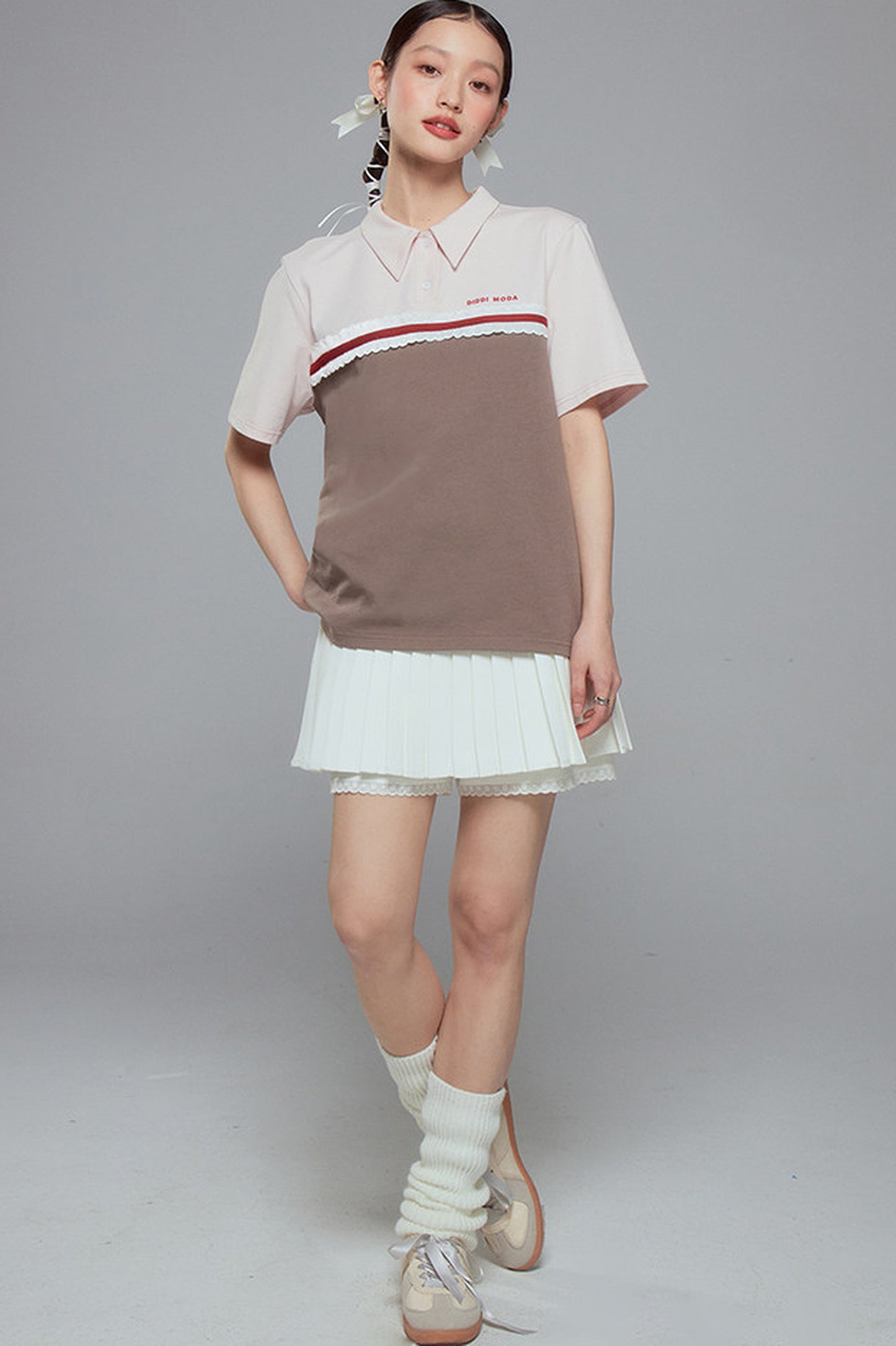 Color Block Lace Trim Cotton Polo