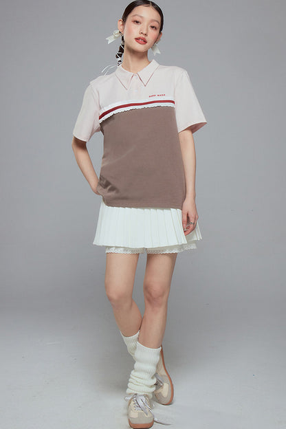 Color Block Lace Trim Cotton Polo