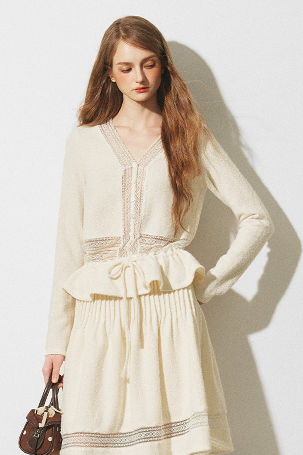 Lace Spliced Knit Cardigan and Skirt Set-Up