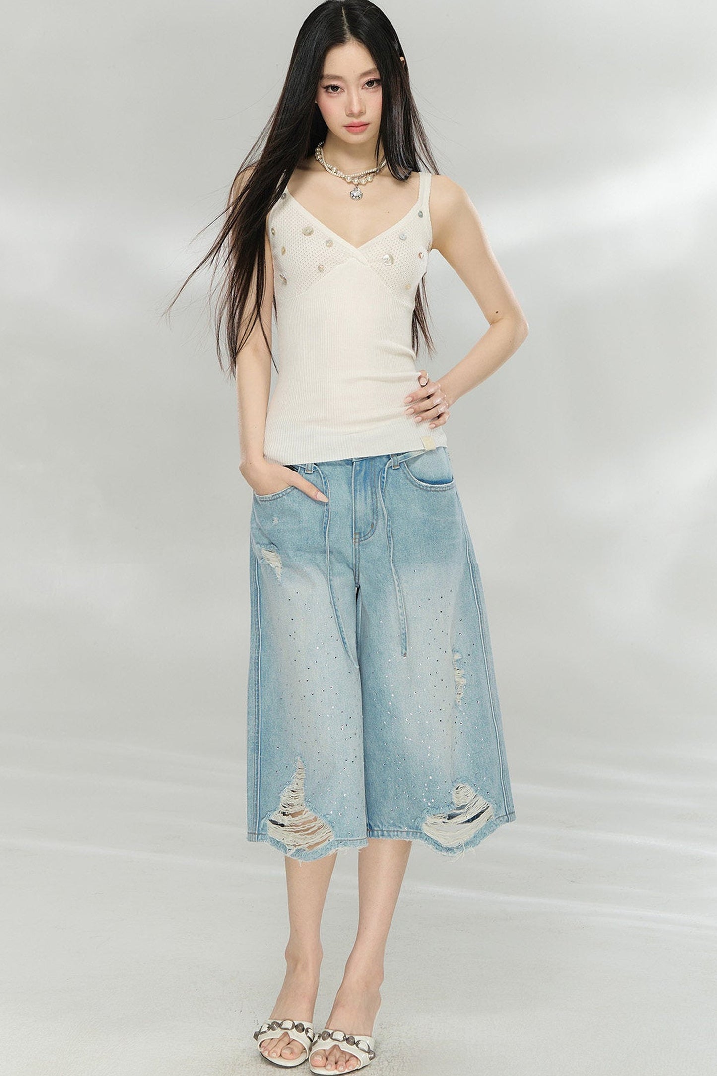 Rhinestone Distressed Denim Pants