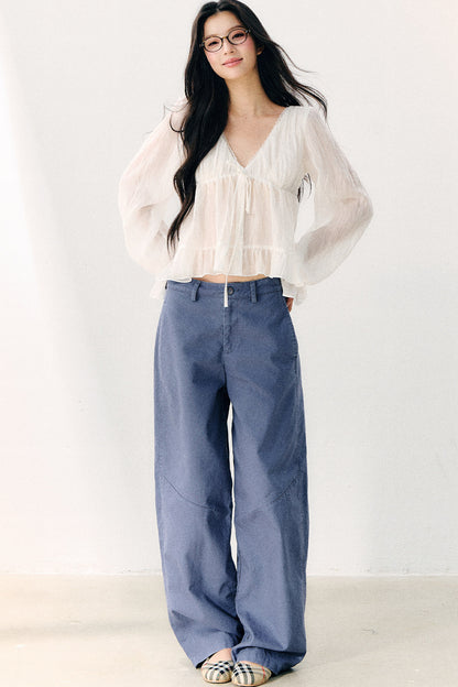 Tie Neck V-Neck Long Sleeve Ruffle Chiffon Blouse