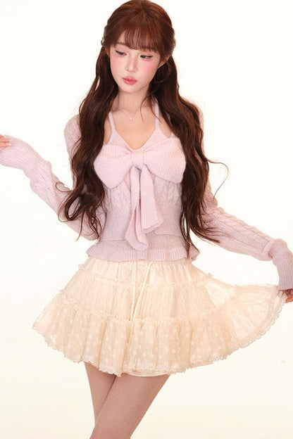 Two-In-One Bow Sweater and Polka Dot Lace Puff Skirt Set-Up