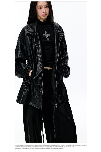 Textured Silhouette Drawstring Tie Waist Jacket