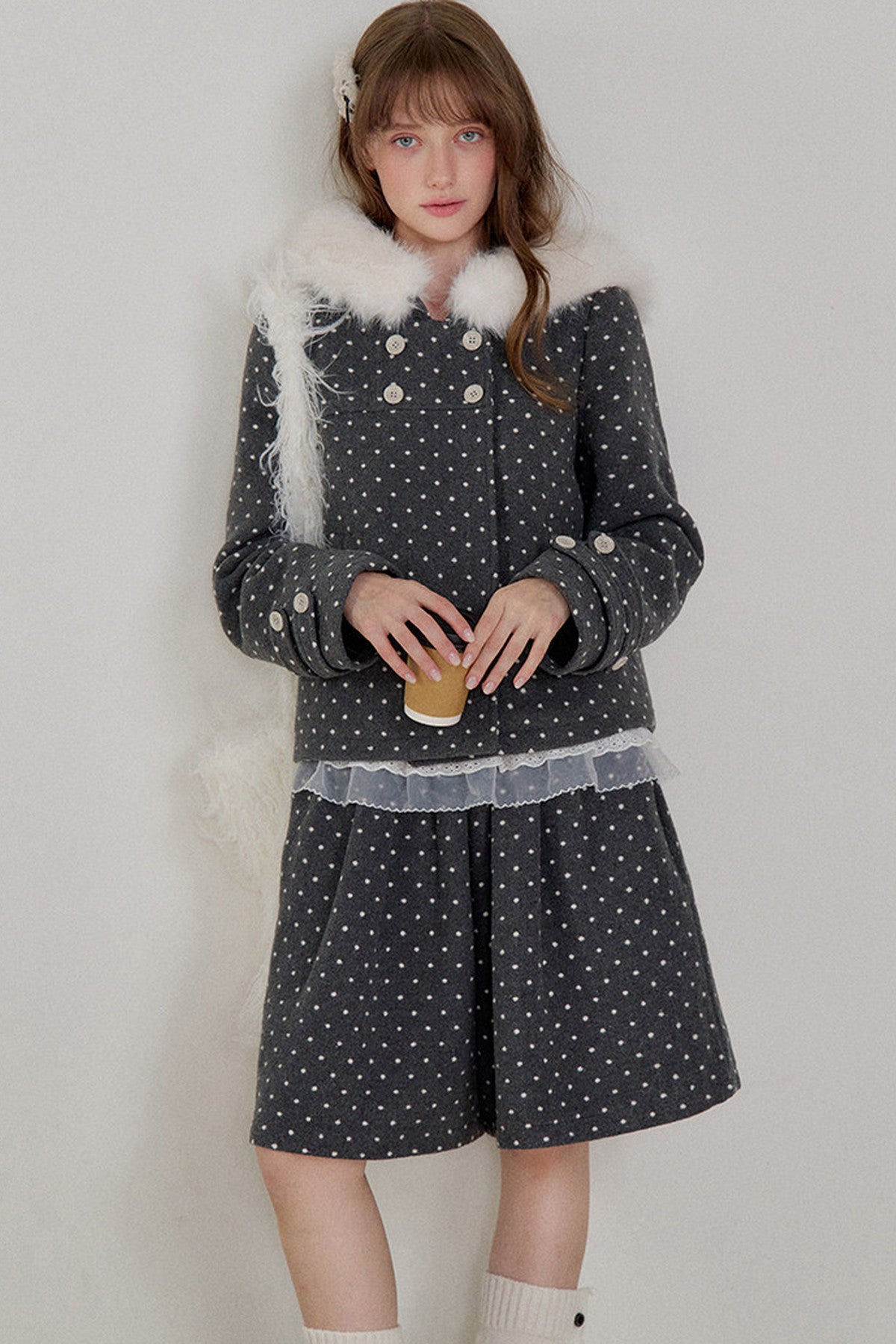 Lace Trim Fur Collar Hooded Coat