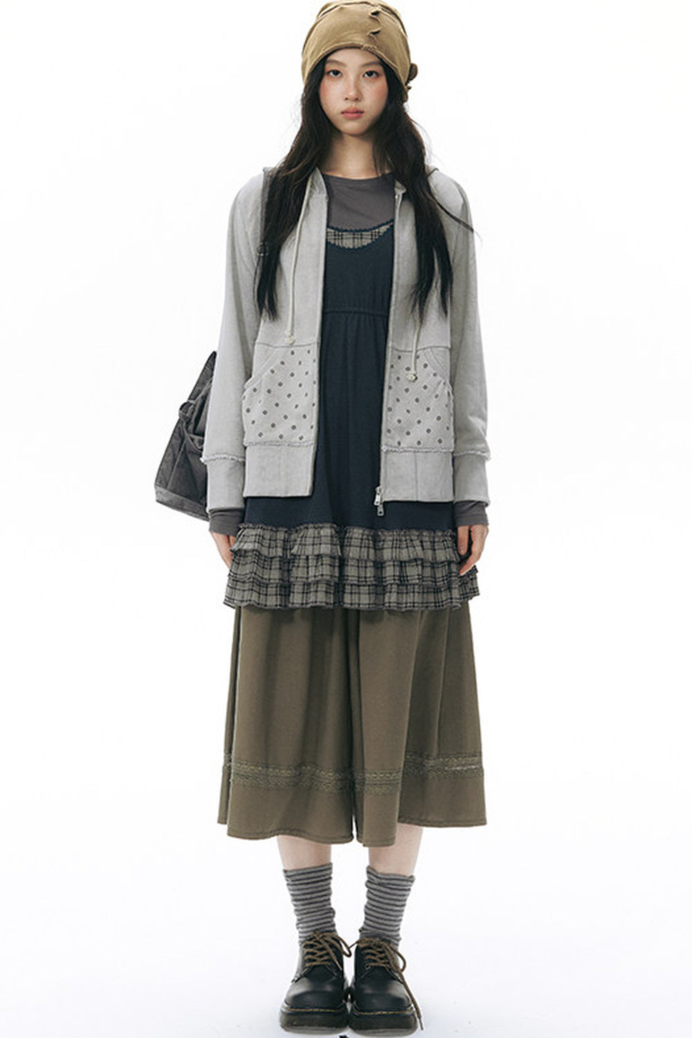 Elastic Waist Patchwork Wide-Leg Skirt Pants