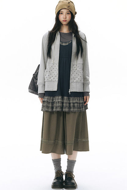 Elastic Waist Patchwork Wide-Leg Skirt Pants