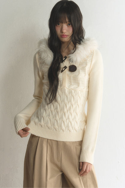 Large Fur Collar Toggle Hood Knit Top and Pants