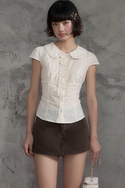 Floral Ruffle Doll Collar Blouse and Skirt Set-Up