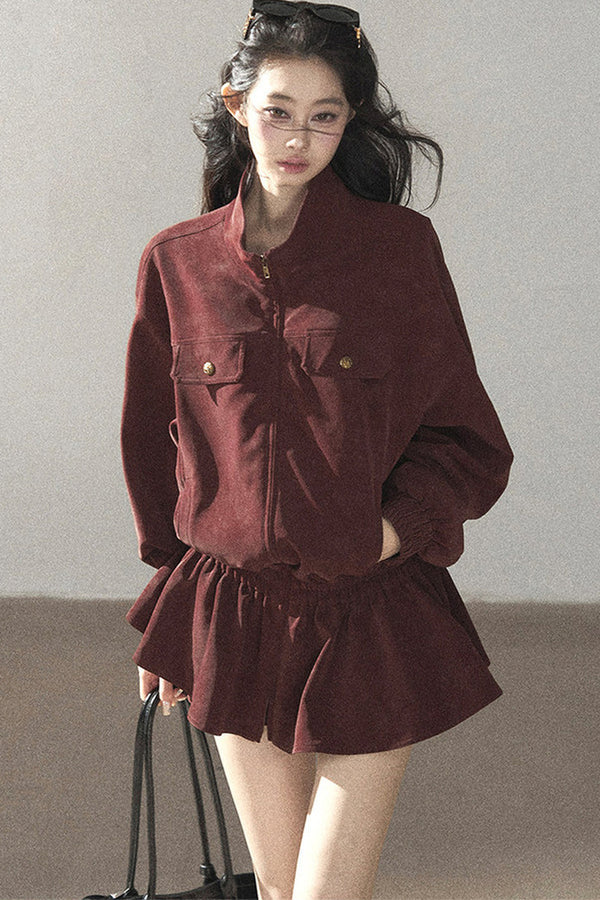 Burgundy Jacket And Shorts Set-Up