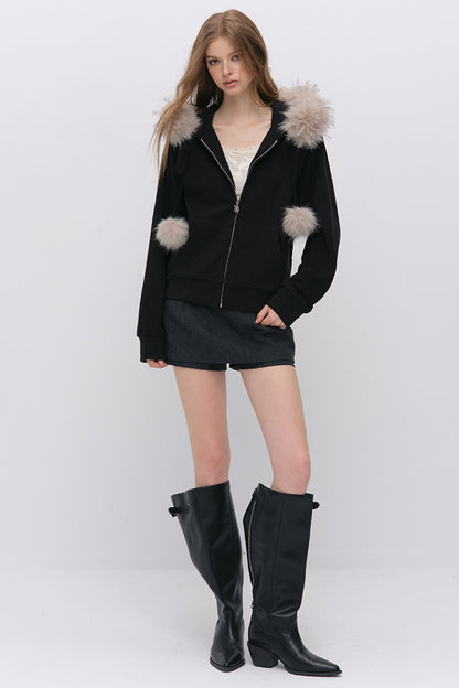 Fur Trim Hooded Sweatshirt and Sweatpants Set-Up