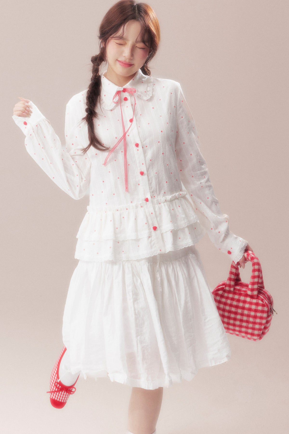 Bow Polka Dot Shirt and Skirt Set-Up