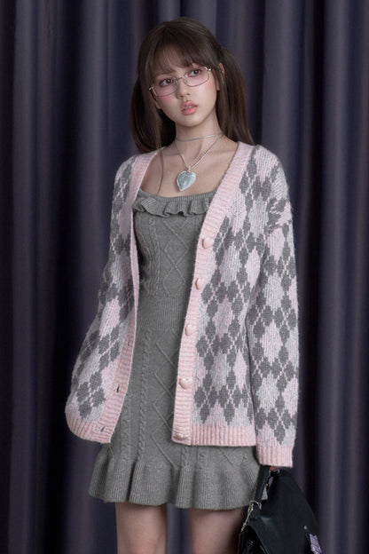 Pink Argyle Knit Cardigan and Skirt Set-Up