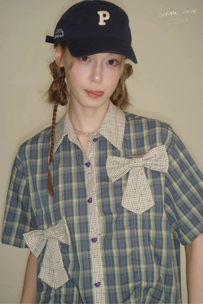 Purple Green Plaid Bow Drawstring Shirt