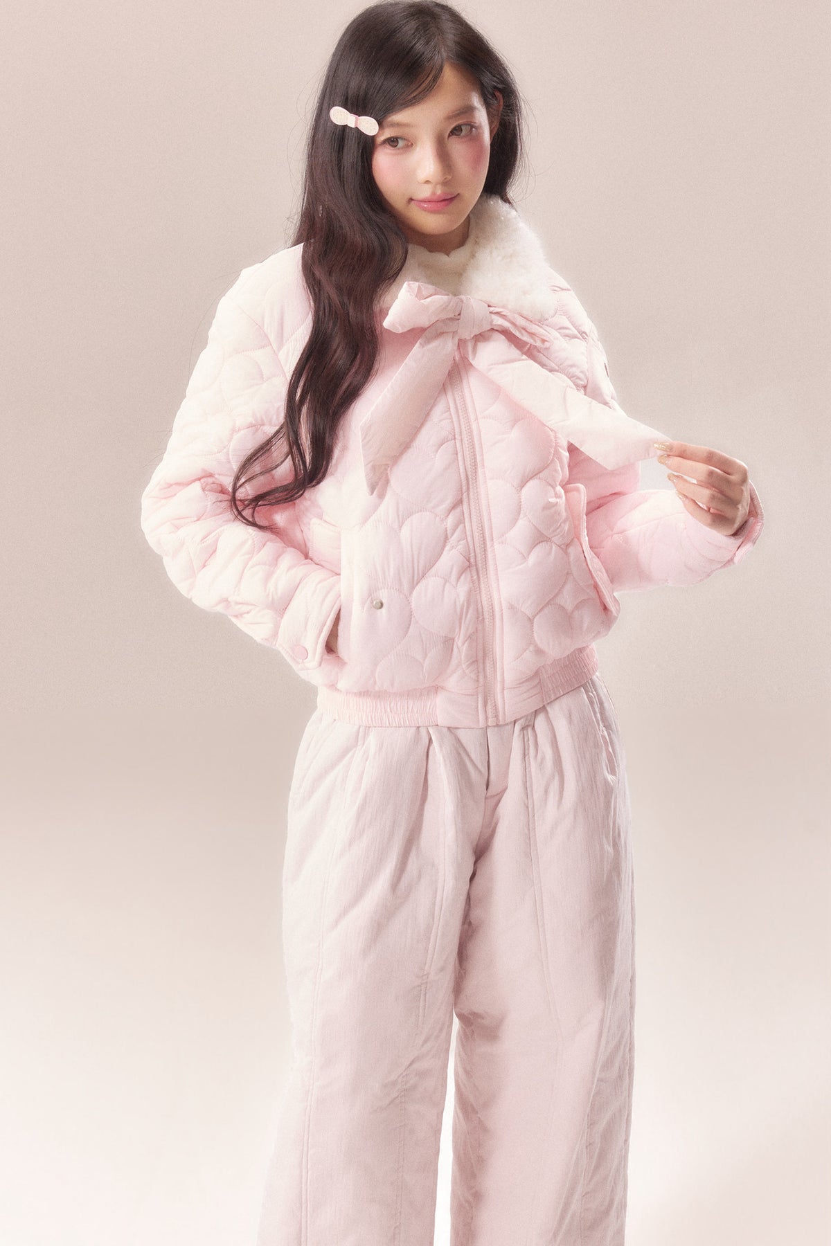 Heart Embossed Bow Padded Jacket