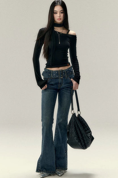 Asymmetrical Off-Shoulder Washed Shirt Set-Up