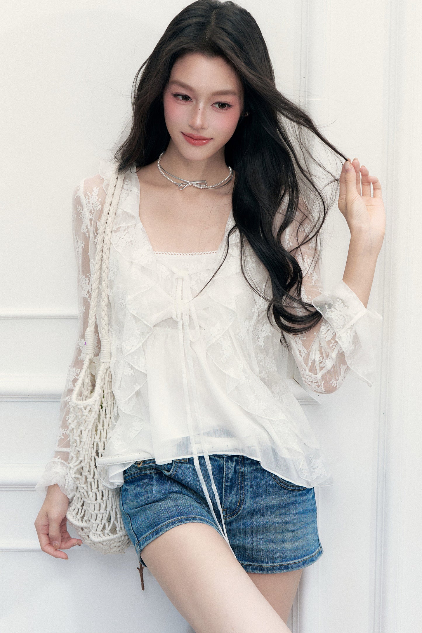 White Floral Lace Camisole Cardigan Set-Up