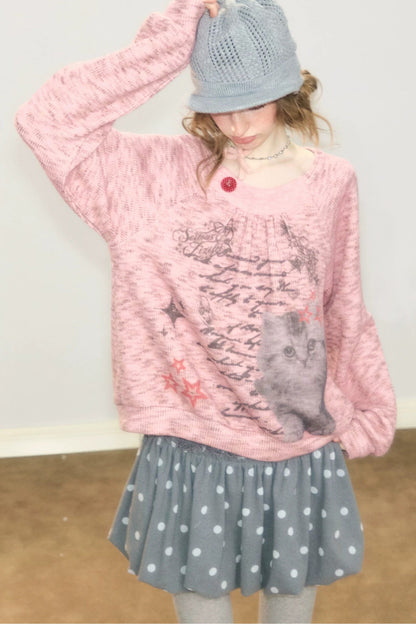 Distressed Cat Print Sweatshirt