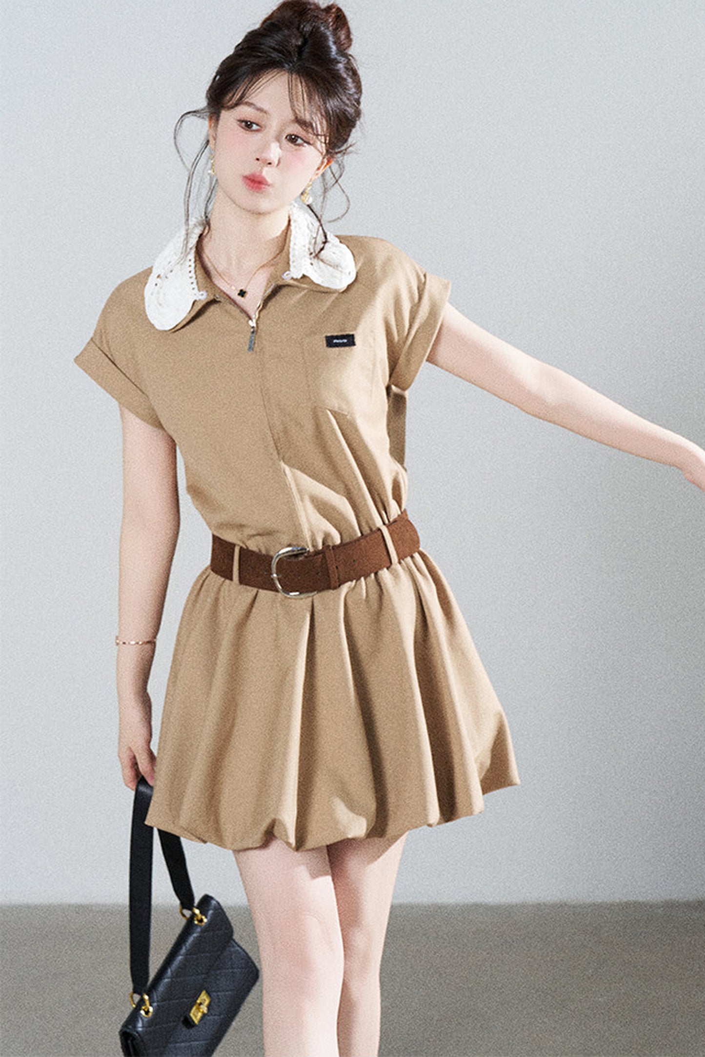 French Khaki Puff Dress