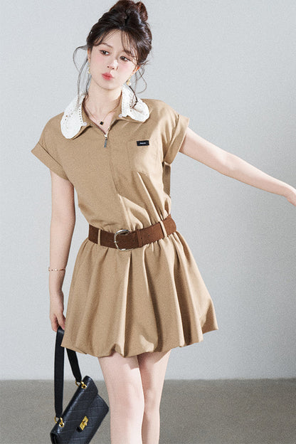 French Khaki Puff Dress