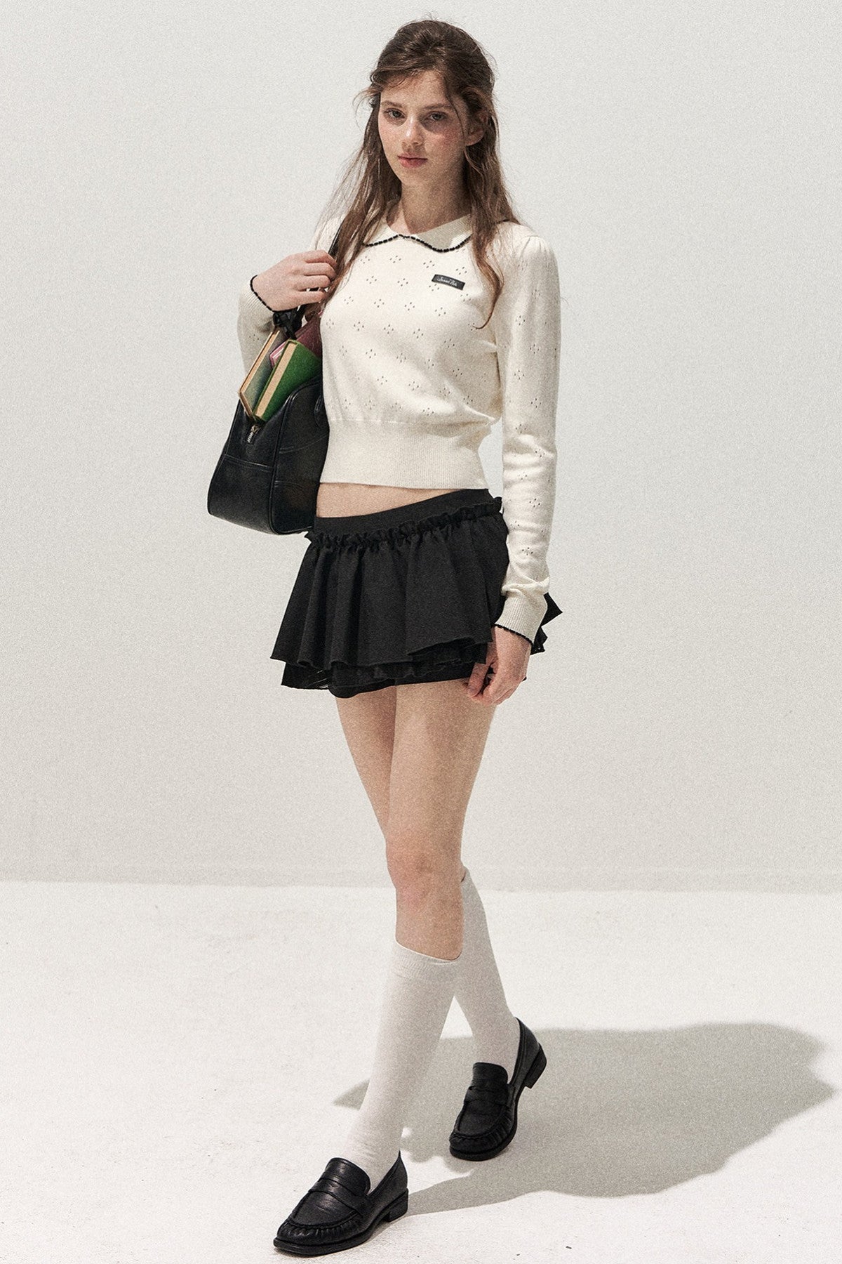 Doll Collar Floral Hollow Knit Top