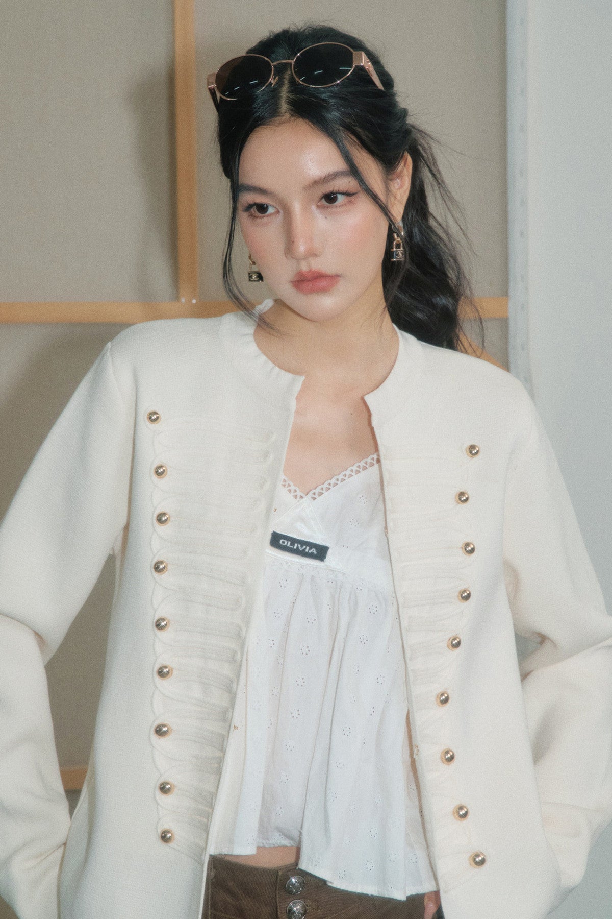 Brown Napoleon Button Skirt, Jacket and Top Set