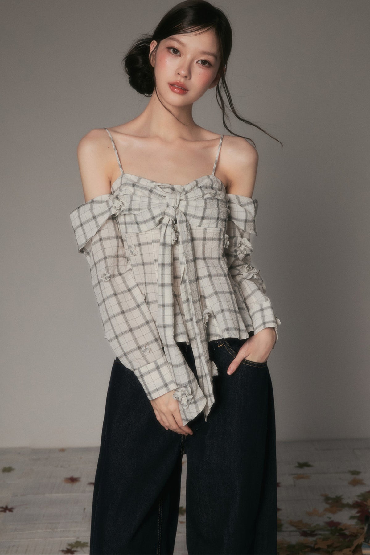Bow-Tie Plaid Floral Long-Sleeve Tube Top