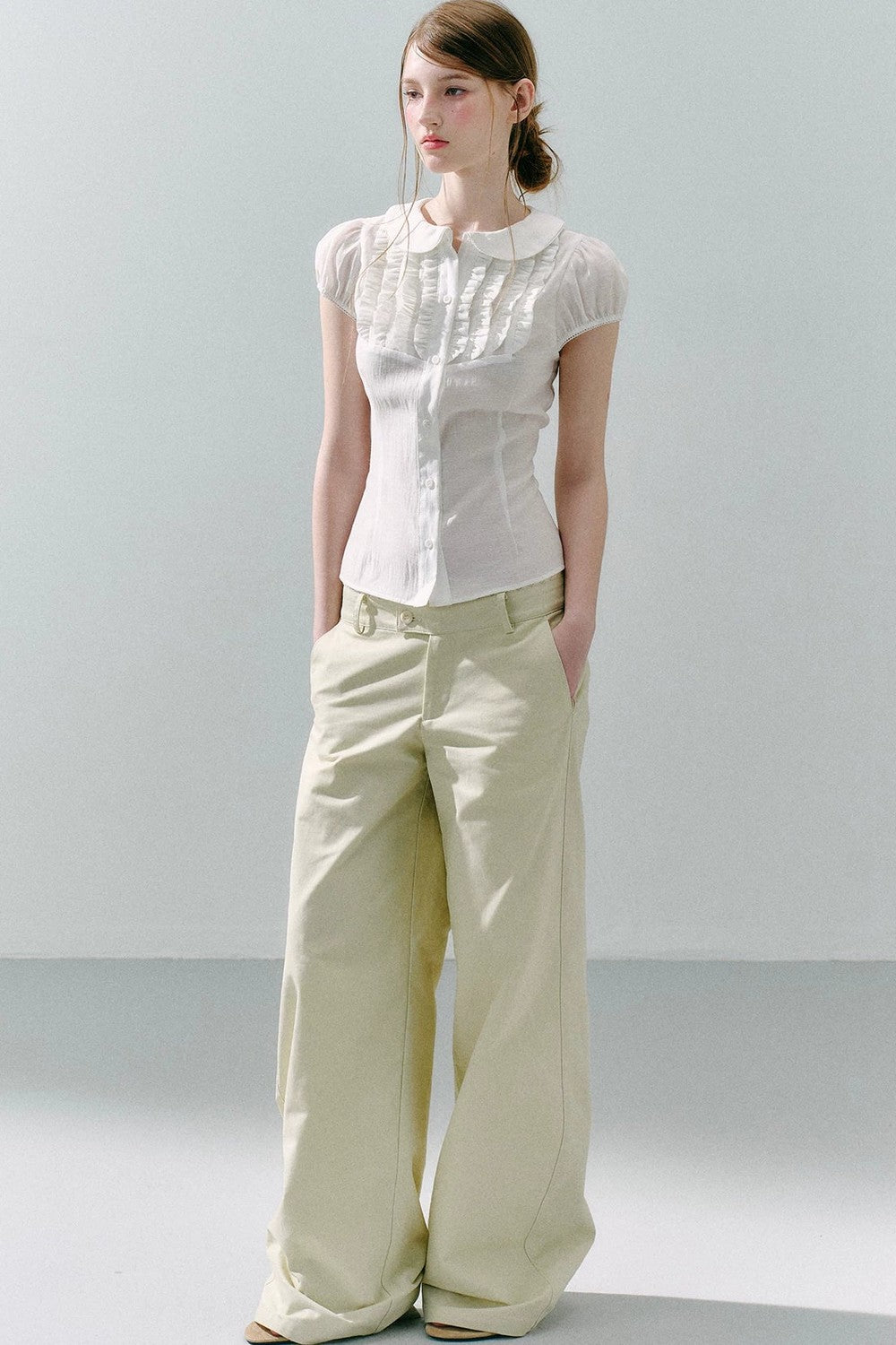 White Acetate Linen Ruffle Blouse