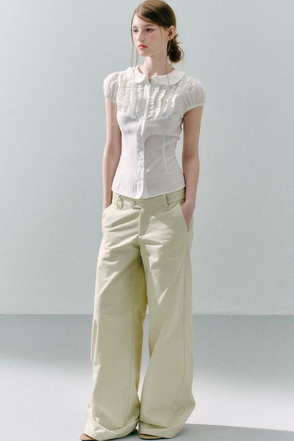 White Acetate Linen Ruffle Blouse