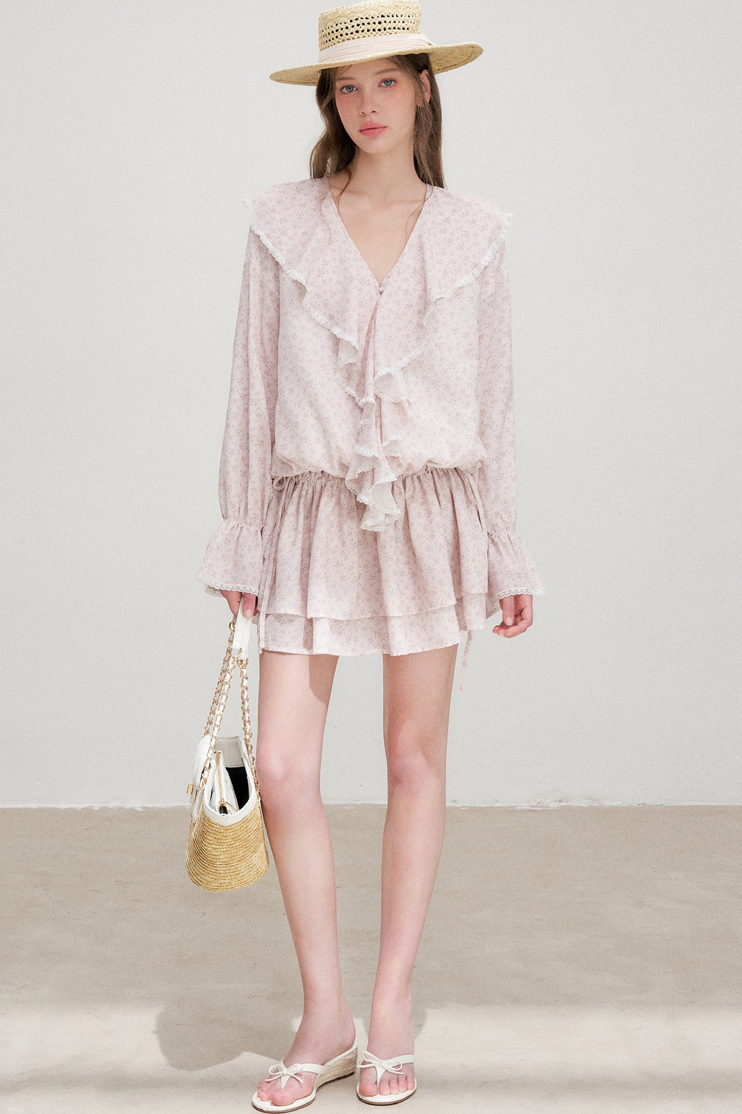 Floral Ruffle V-Neck Long-Sleeve Dress