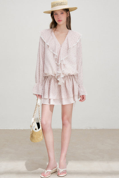 Floral Ruffle V-Neck Long-Sleeve Dress