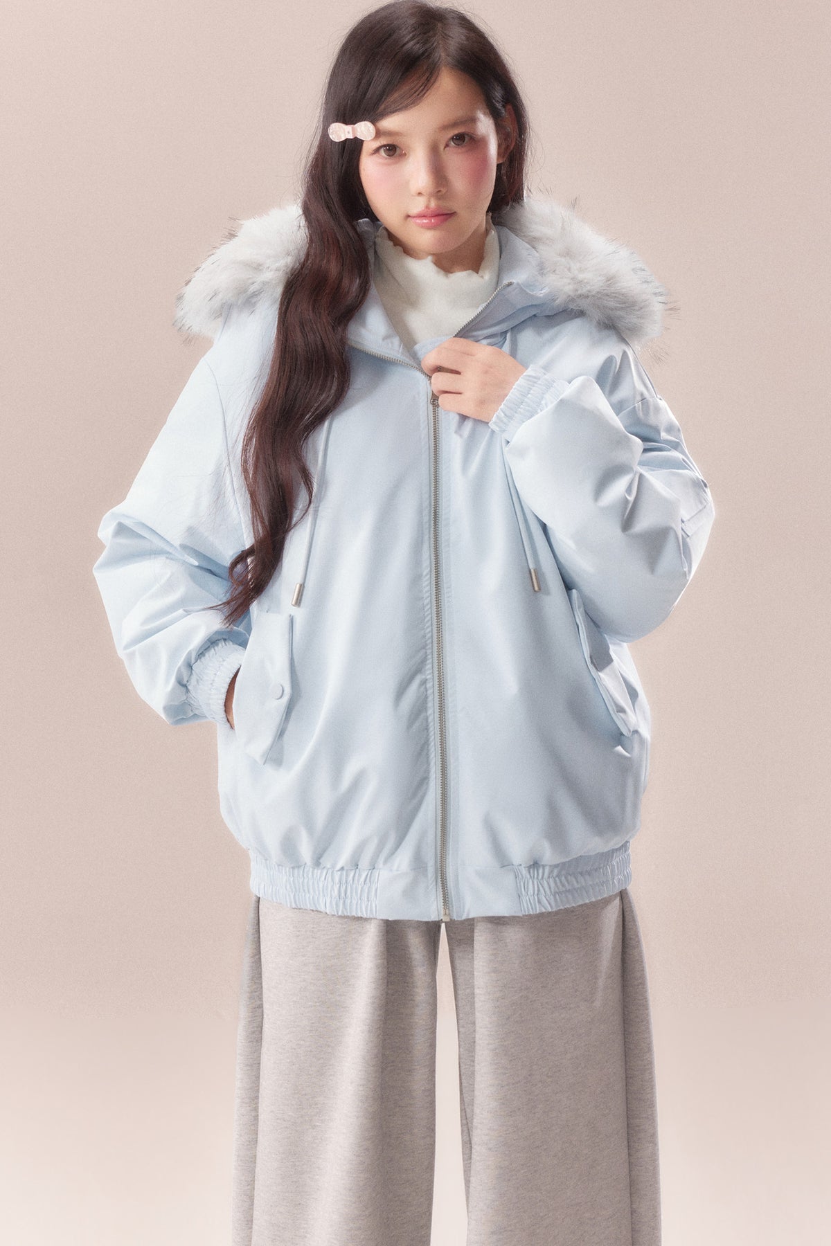 Embroidered Bow Fur Hood Down Jacket