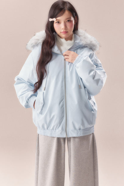 Embroidered Bow Fur Hood Down Jacket