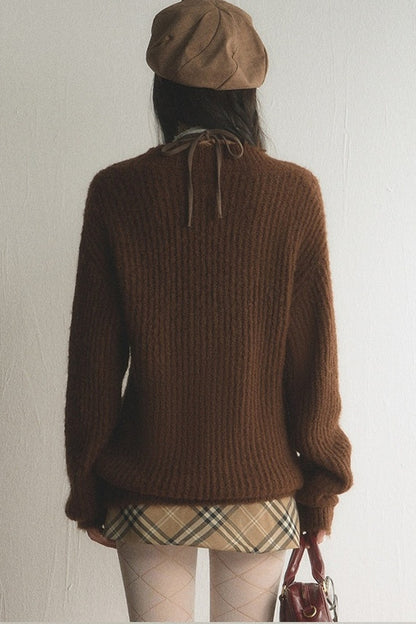 Brown V-Neck Ribbed Pullover