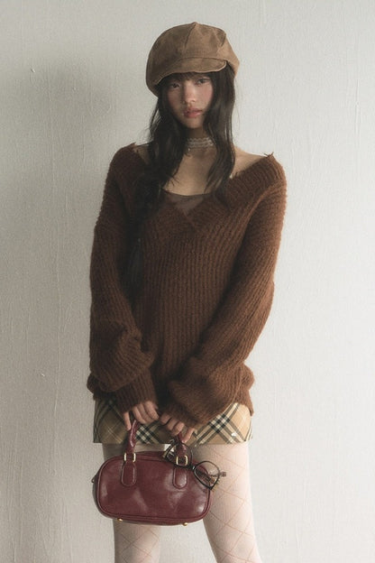 Brown V-Neck Ribbed Pullover