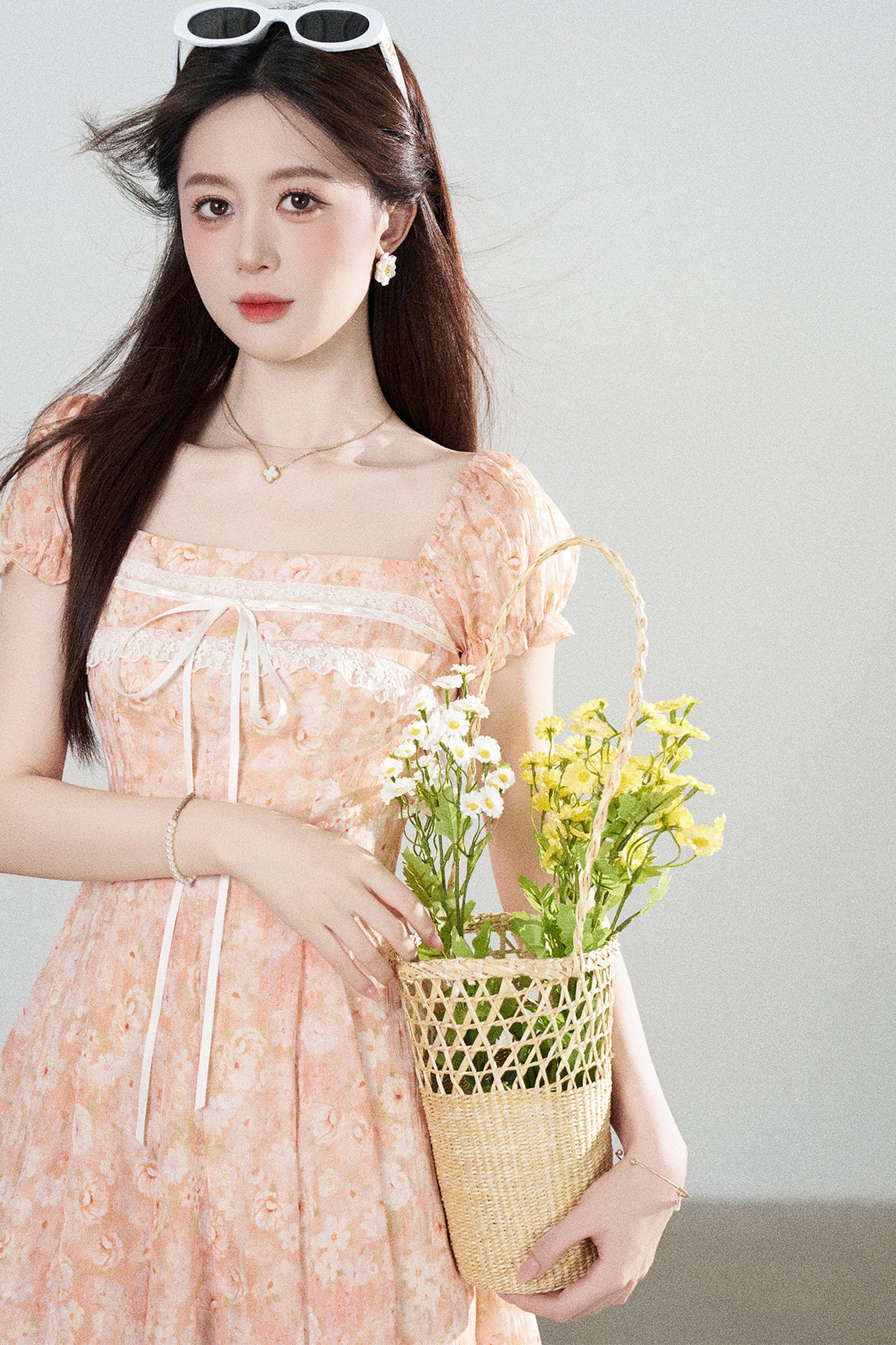 Square-Neck Floral Puff-Sleeve Chiffon Dress