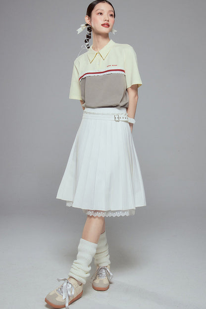Color Block Lace Trim Cotton Polo