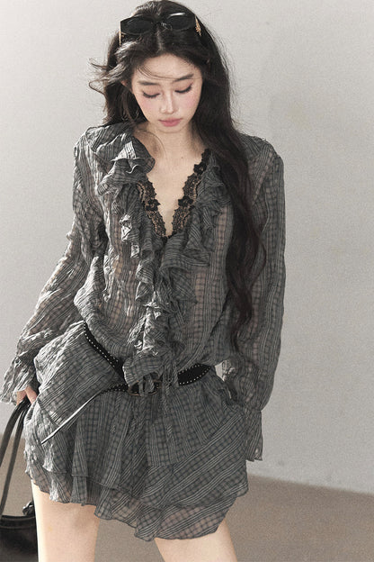 Set aus gerüschtem Chiffon-Top und kurzem Rock