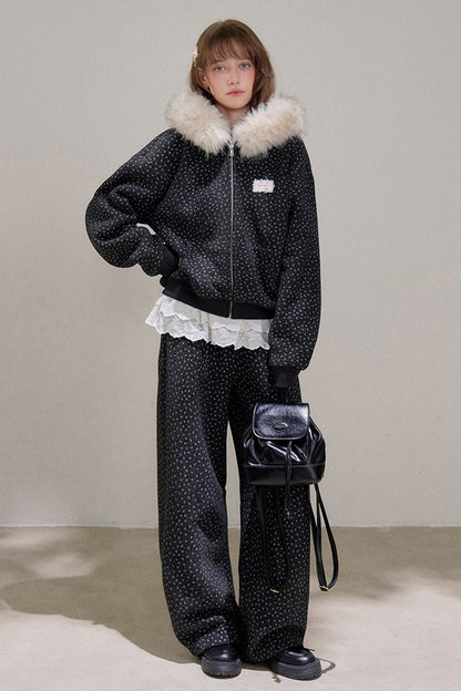 Floral Fur Collar Padded Jacket and Pants