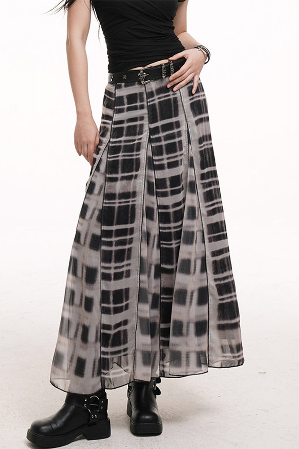 Gray Plaid Pleated Long Skirt