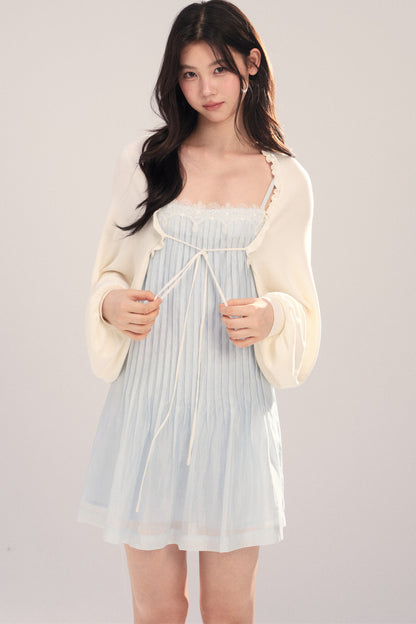 Suspender Dress with Lantern Sleeve Shawl Cardigan Set-Up
