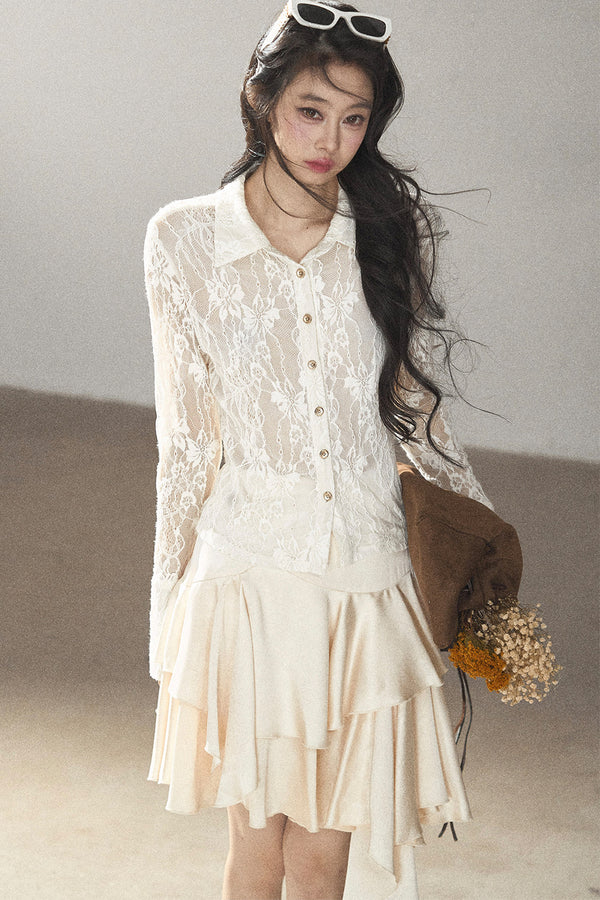 Vine Texture Hollow-Out Lace Polo Shirt