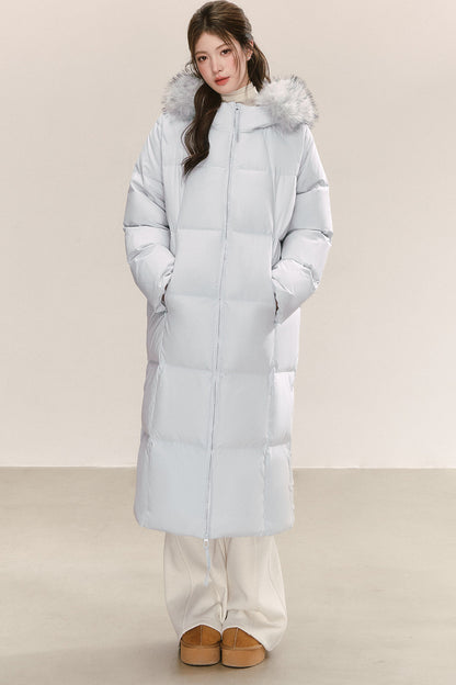 Blue Long Hooded Down Fur Collar Jacket