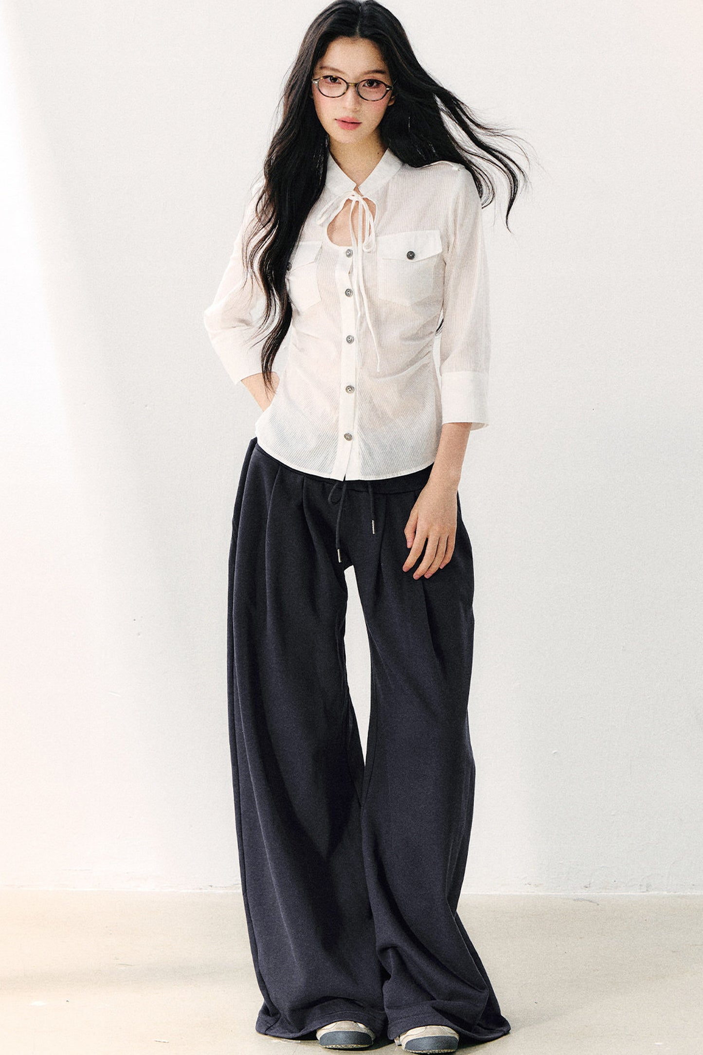 Pure Cotton Tie Neck Three-Quarter Sleeve Shirt