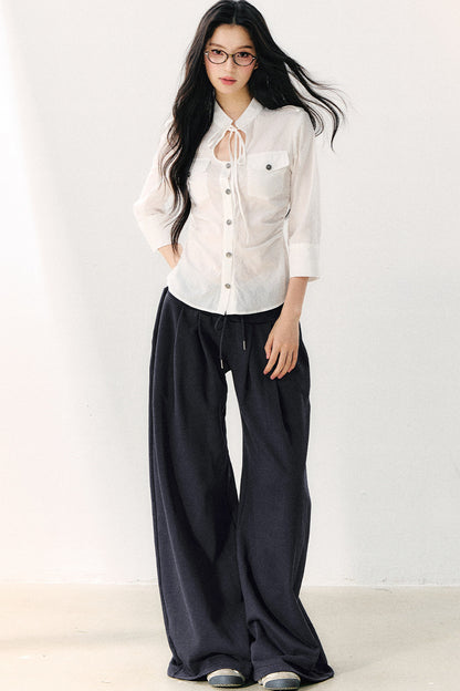Pure Cotton Tie Neck Three-Quarter Sleeve Shirt