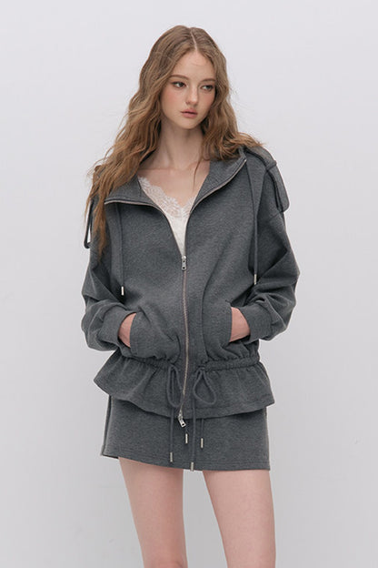 Silhouette Drawstring Hoodie and Studded Skirt Set-Up