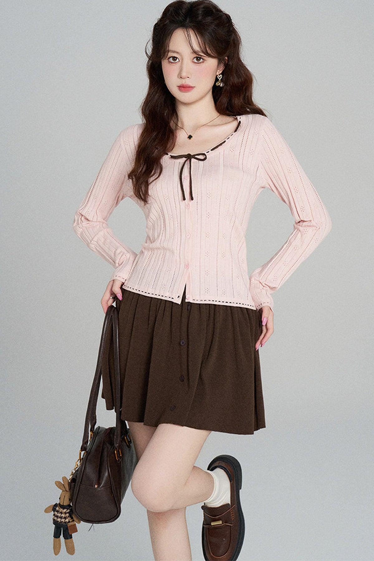 Hollow-Out Knit Cardigan and Skirt Set-Up