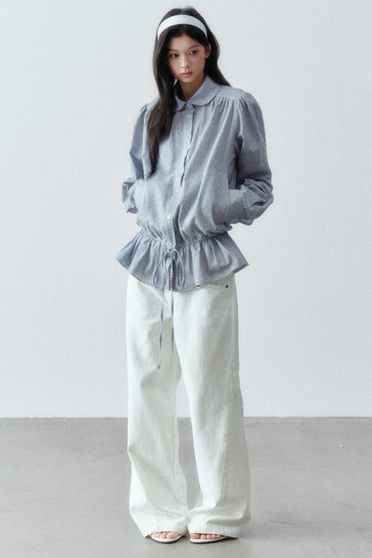 Low-Waist Ruffle Linen Shirt