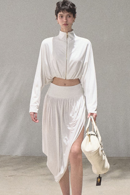 Irregular High-Waisted White Slit Skirt