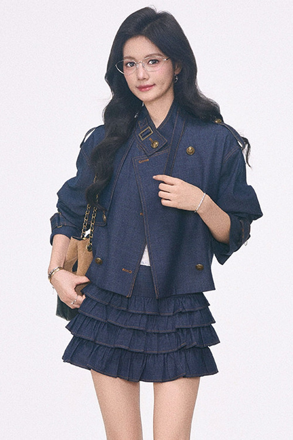 Imitation Denim Short Jacket and Cake Skirt Set